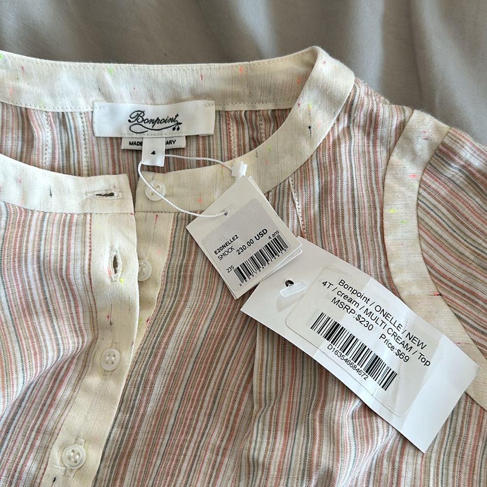 $230 Bonpoint Onelle Cream Multi stripe Tunic Top - Picture 6 of 7